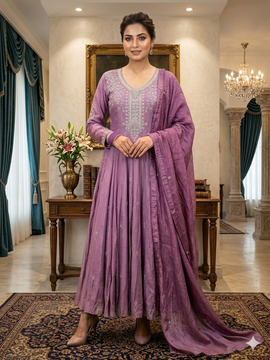 Pure Chinon Purple Shoulder Anarkali 3pc Set