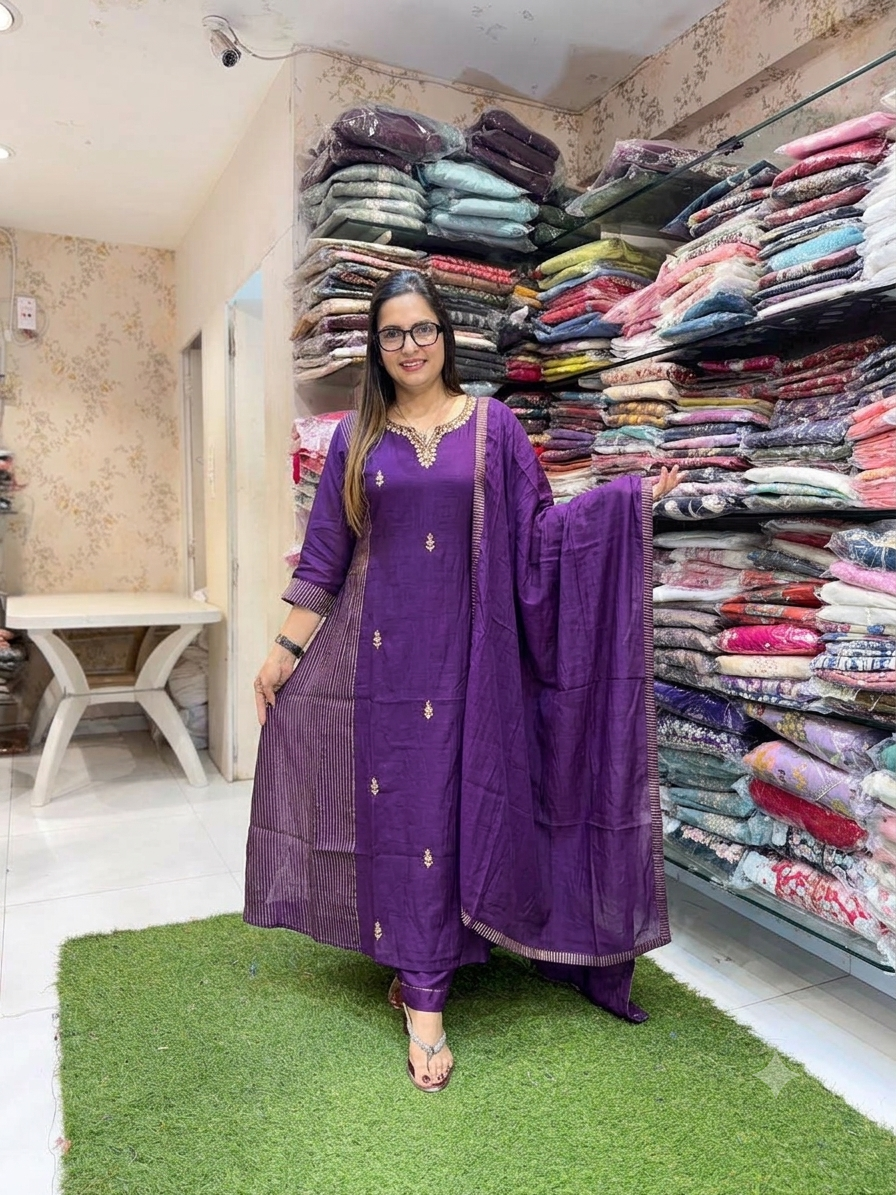 Pure Banaras Mull Chanderi Purple 3pc Set