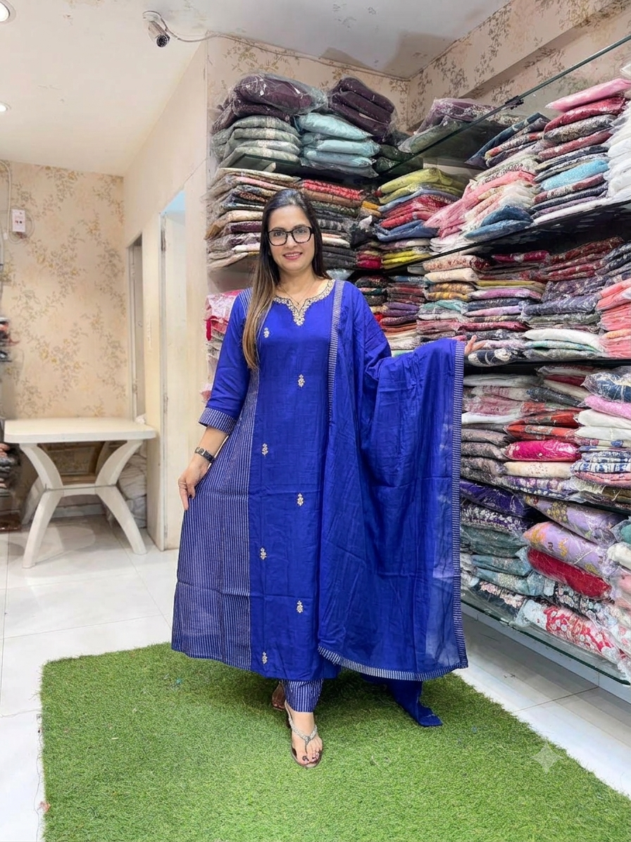 Pure Banaras Mull Chanderi Blue 3pc Set