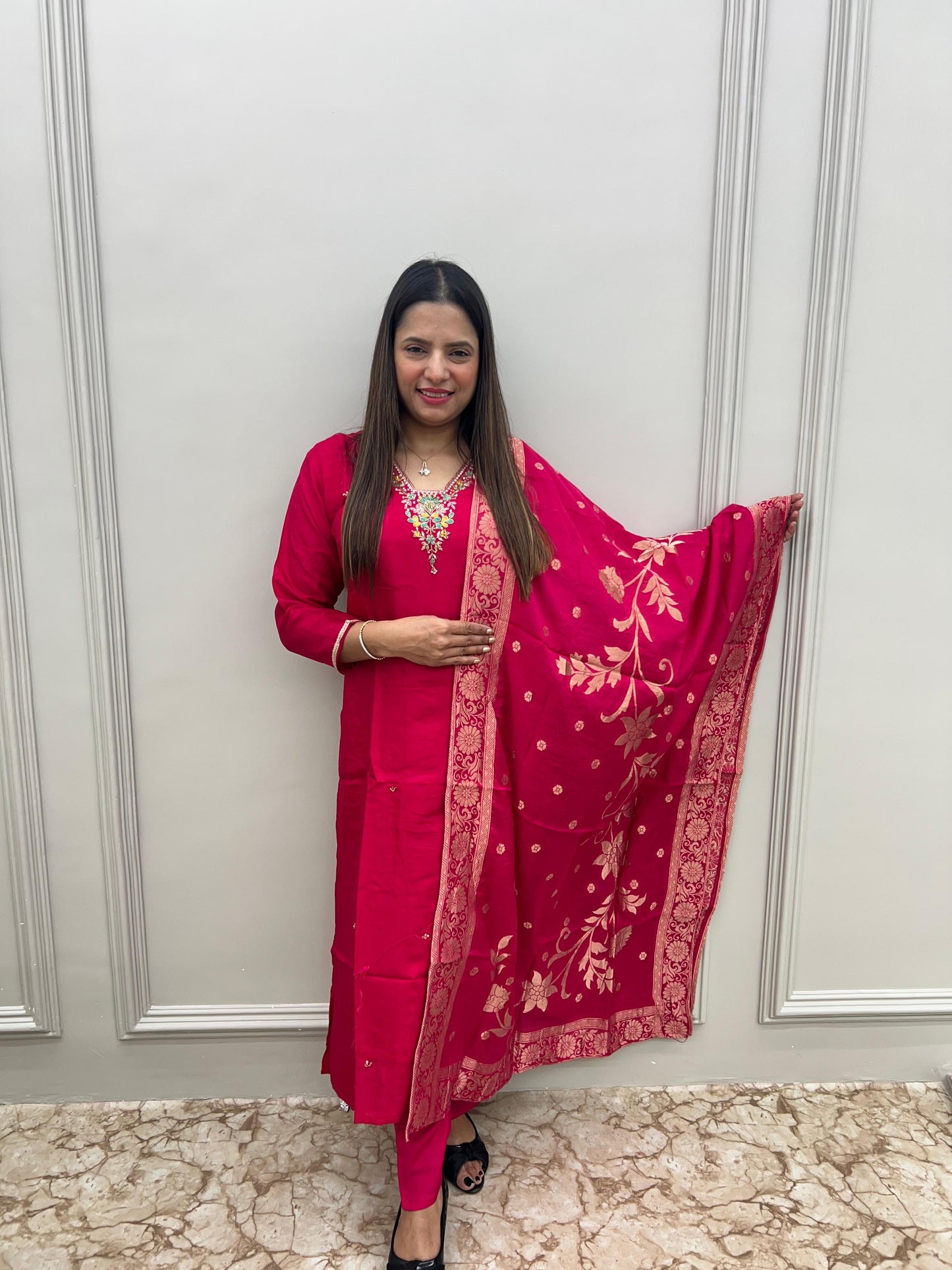 Elegant Handwork Pure Dola silk Party wear article with organza duppata- Rani color