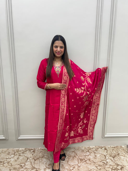 Elegant Handwork Pure Dola silk Party wear article with organza duppata- Rani color