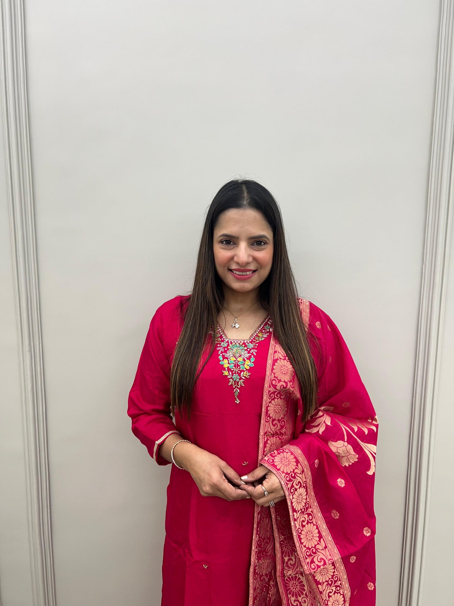 Elegant Handwork Pure Dola silk Party wear article with organza duppata- Rani color