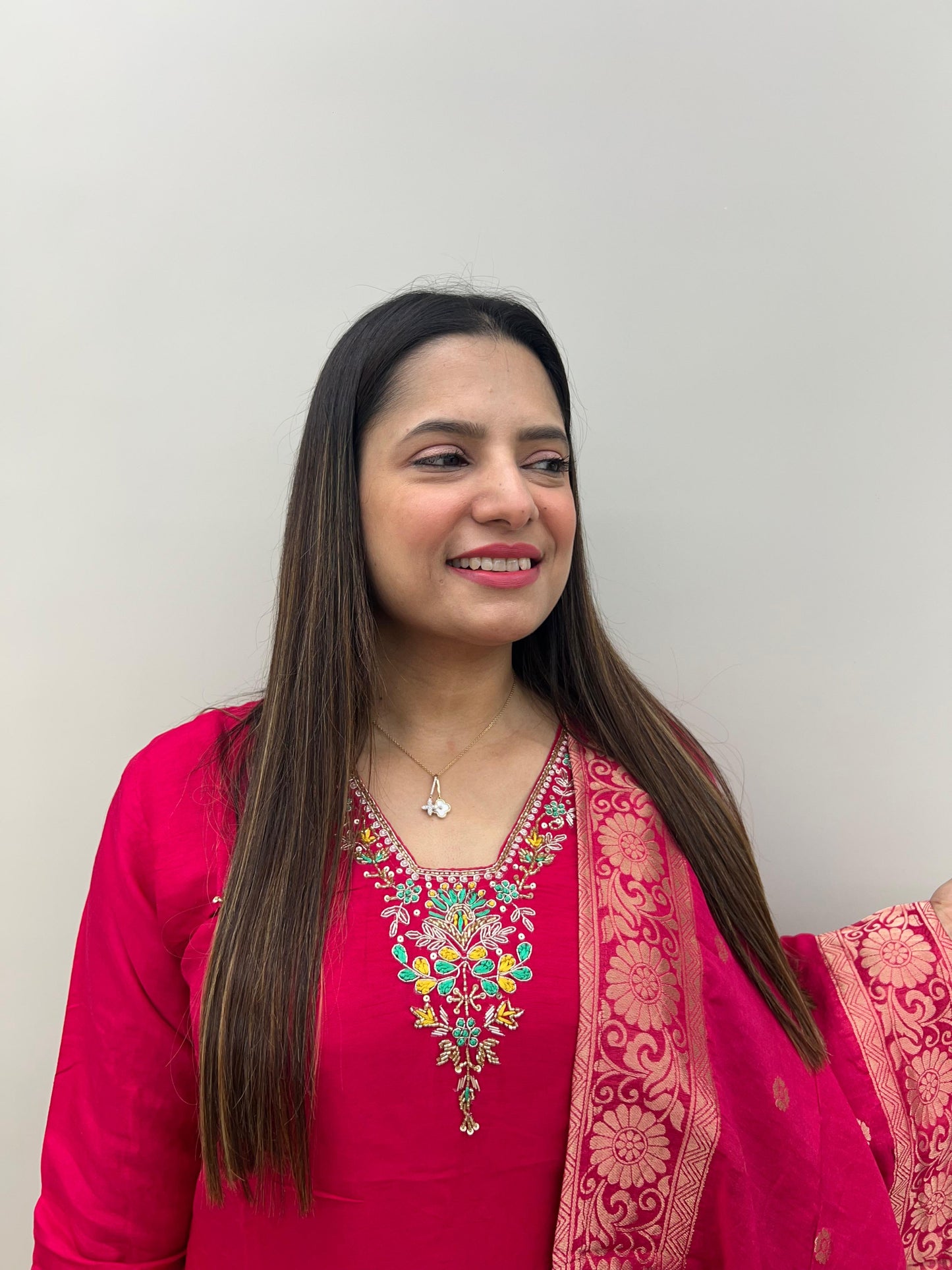 Elegant Handwork Pure Dola silk Party wear article with organza duppata- Rani color