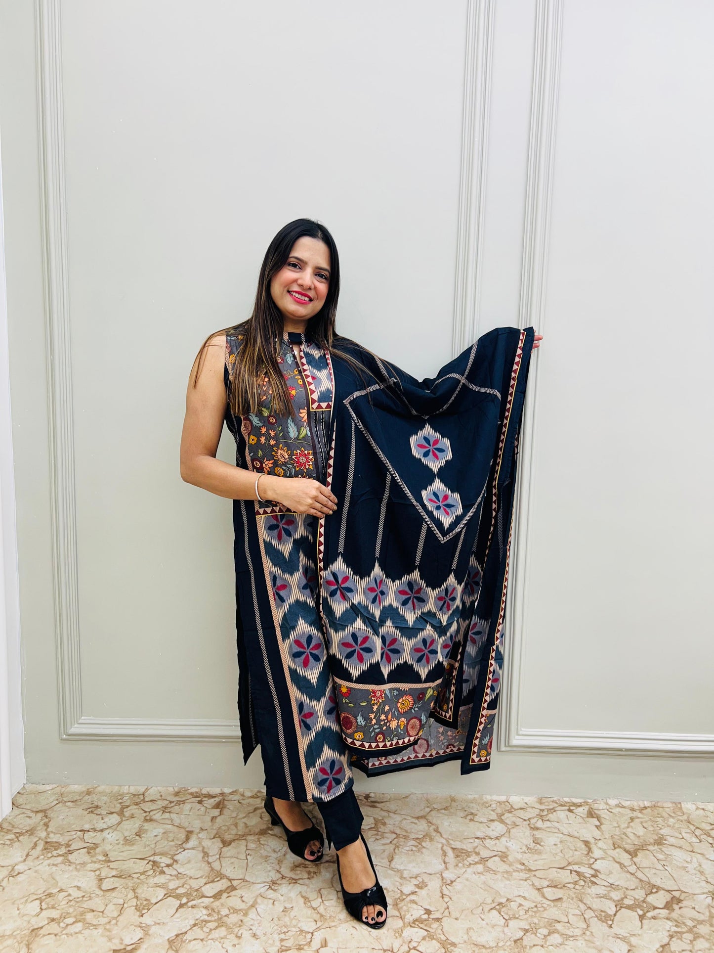 Sleeveless special Pure cotton 3 Pc set Bhagdu Print
