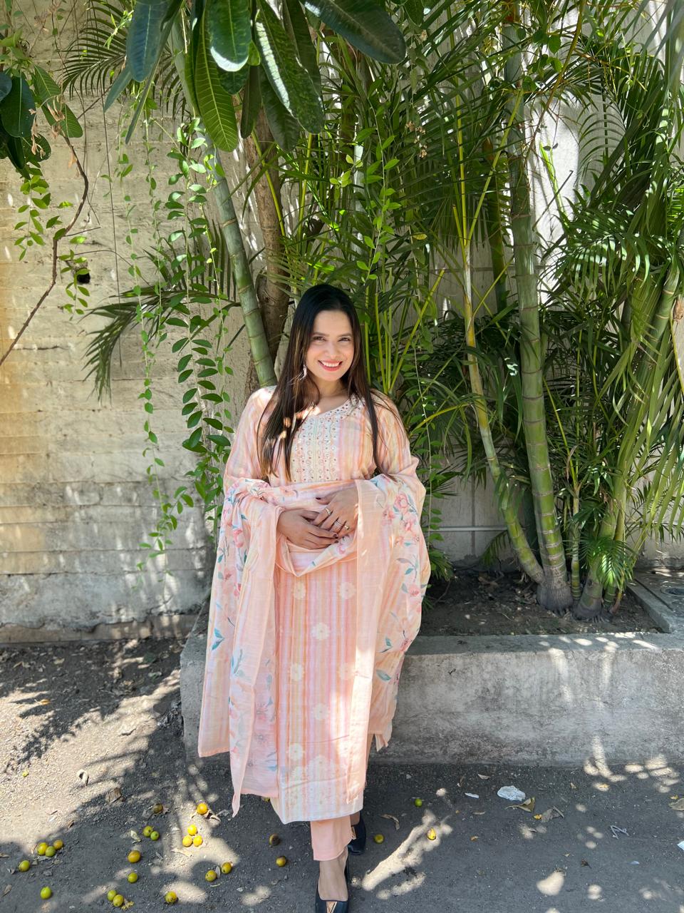 PURE LINEN JAAM-DANI Weaving 3 PC SET-PEACH PINK COLOR