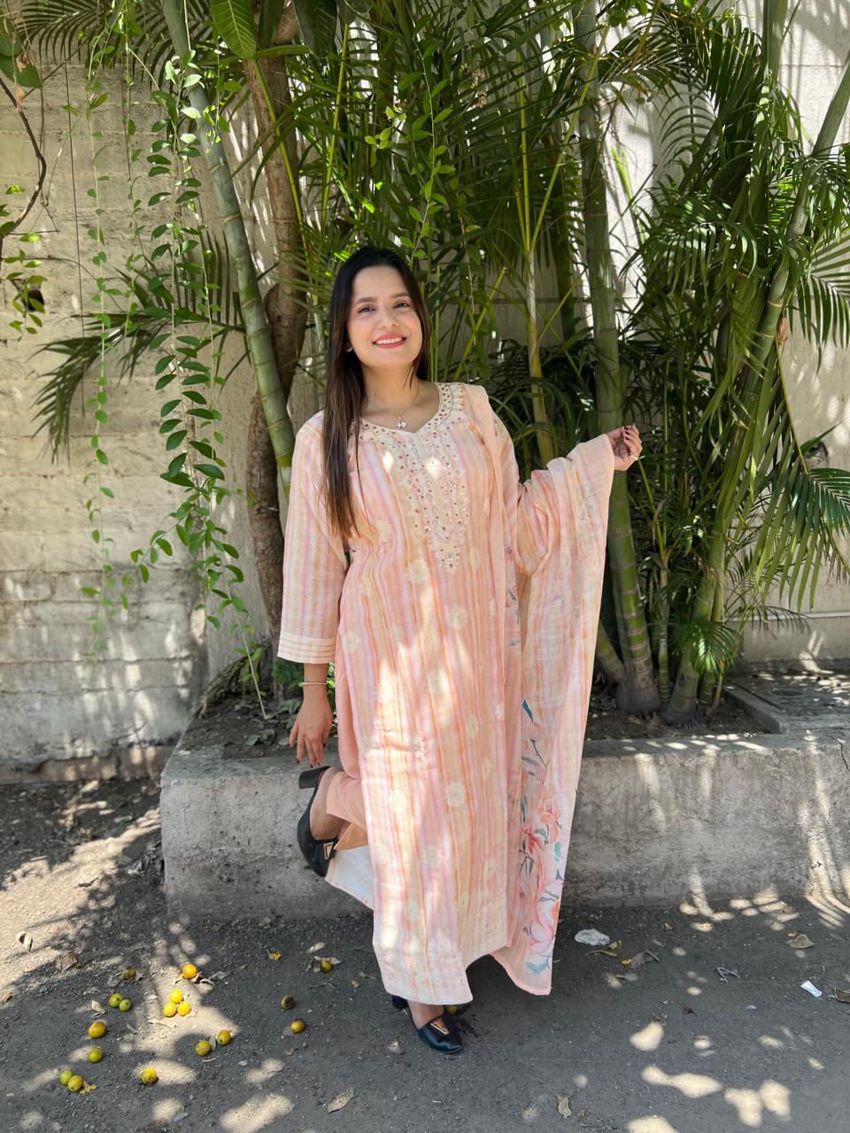 PURE LINEN JAAM-DANI Weaving 3 PC SET-PEACH PINK COLOR