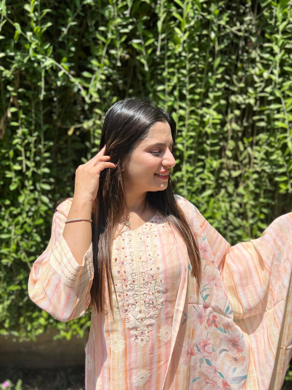 PURE LINEN JAAM-DANI Weaving 3 PC SET-PEACH PINK COLOR