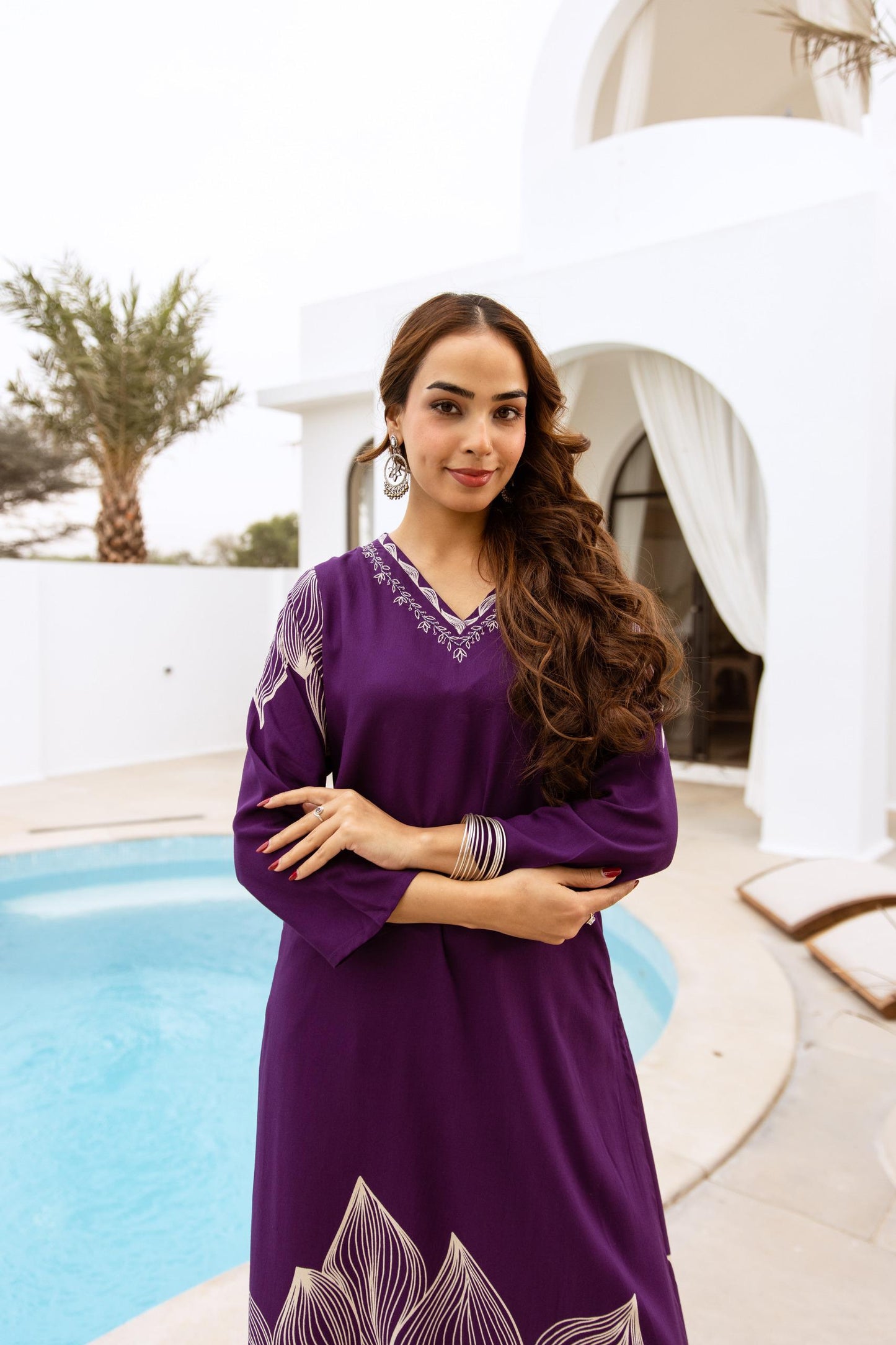 GFH Signature Premium Viscose German Rayon Long Co-ord Set with C-Cut Pattern Wine & Purple Color