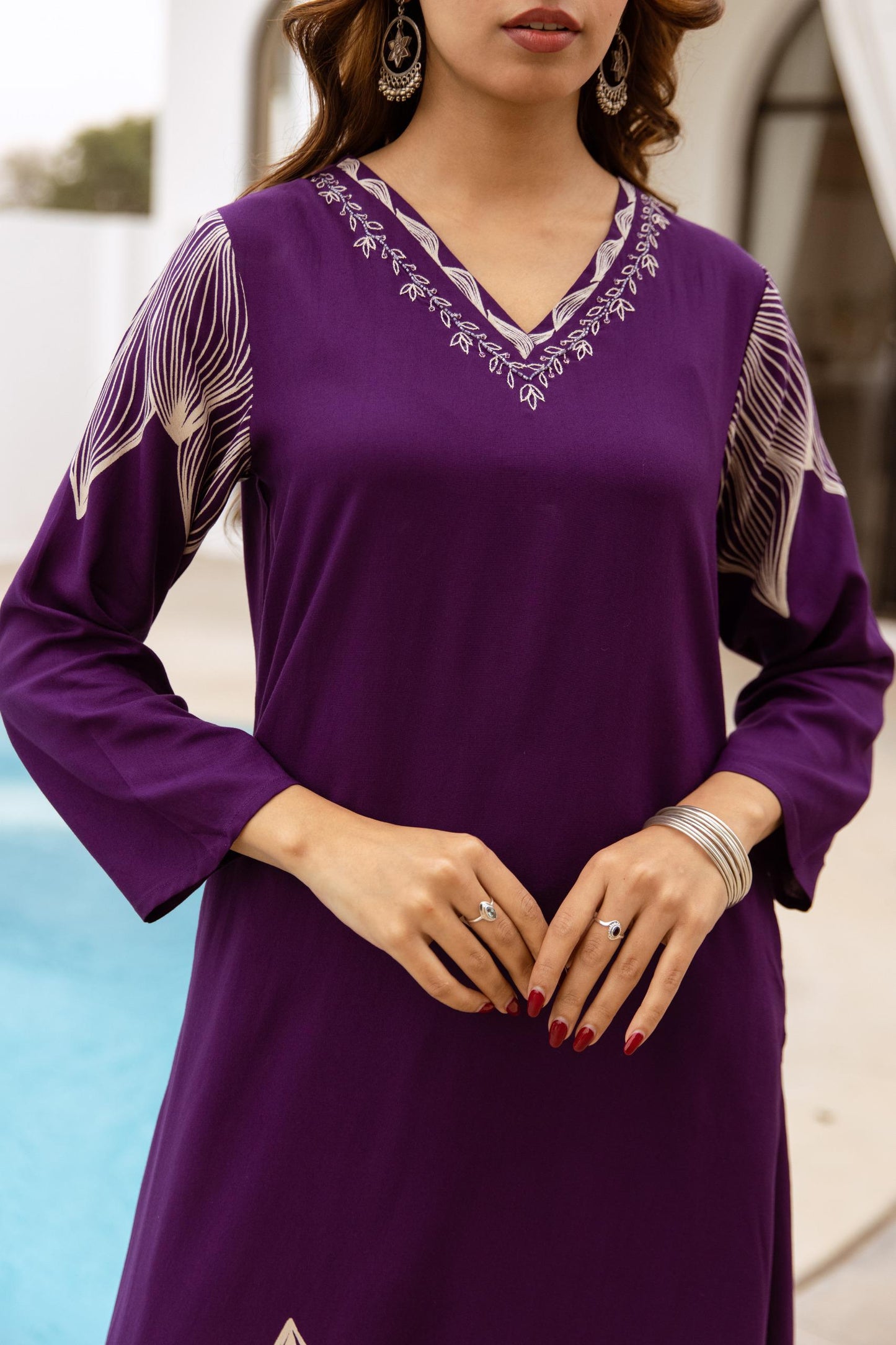 GFH Signature Premium Viscose German Rayon Long Co-ord Set with C-Cut Pattern Wine & Purple Color