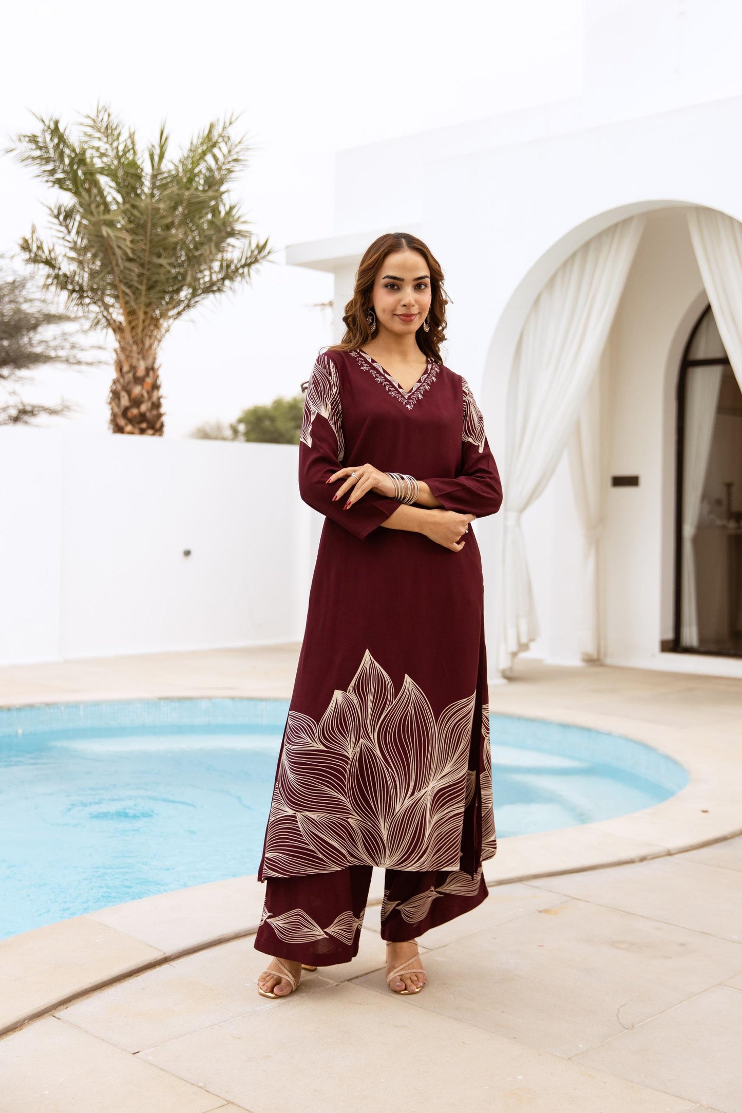 GFH Signature Premium Viscose German Rayon Long Co-ord Set with C-Cut Pattern Wine & Purple Color