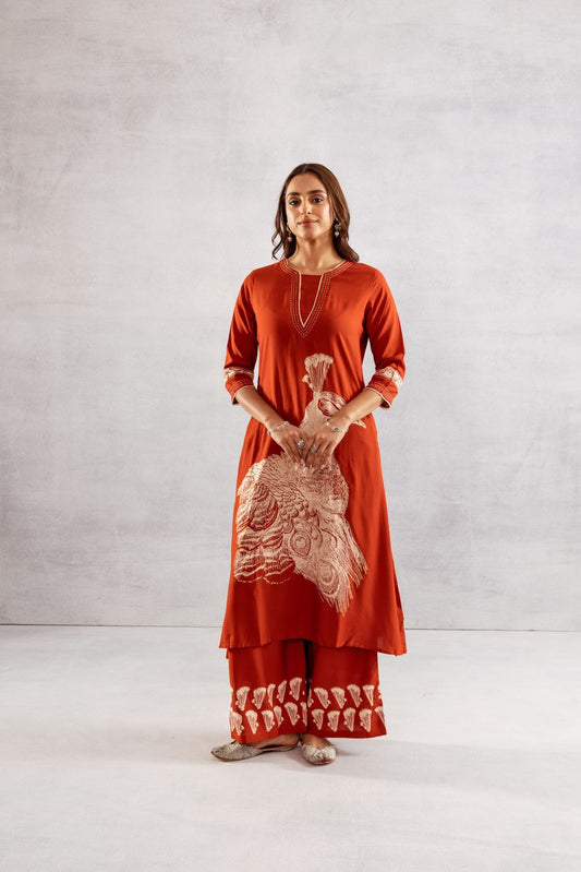 GFH Signature Premium Viscose German Rayon Long Co-ord Set with C-Cut Pattern Red Color