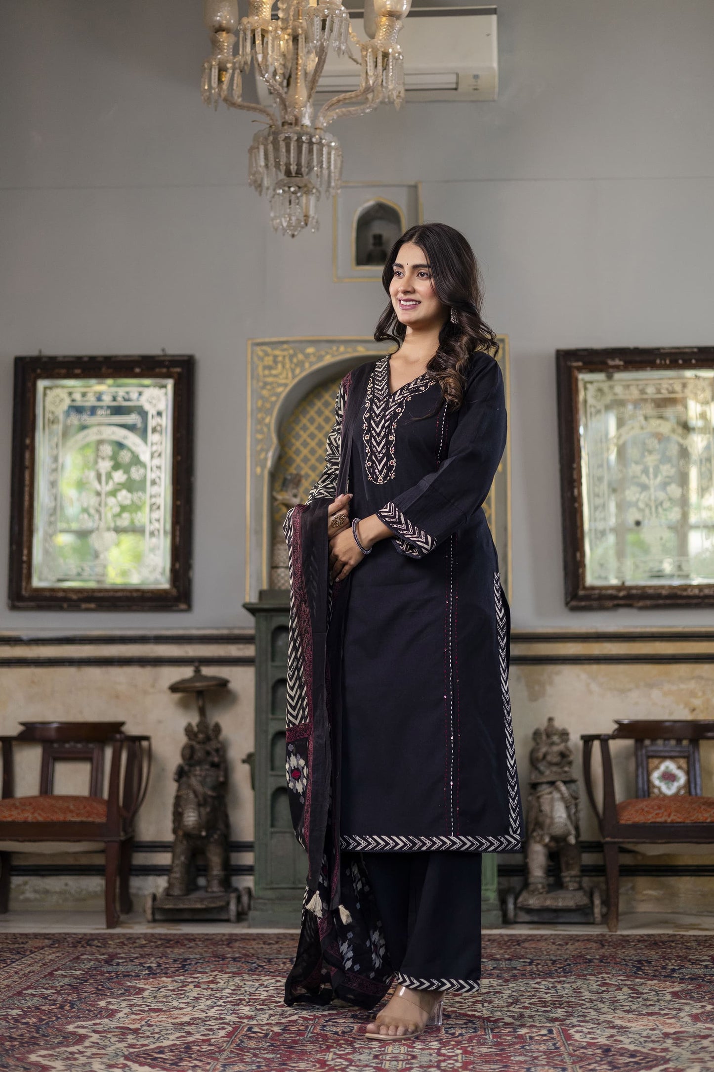 Pure Flex cotton 3 Pc suit With Katha detailing on neck black