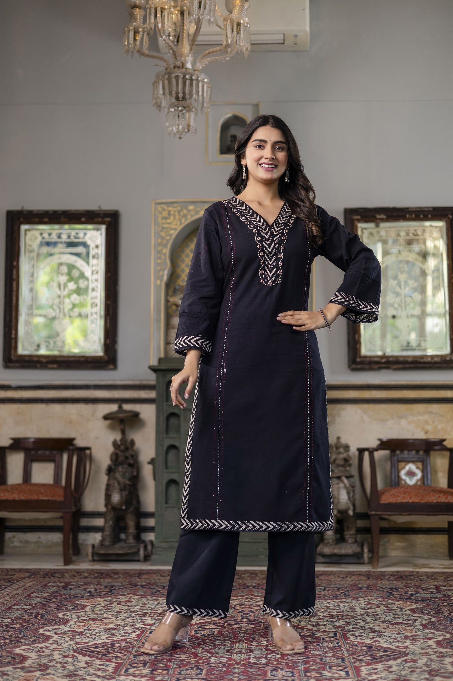 Pure Flex cotton 3 Pc suit With Katha detailing on neck black