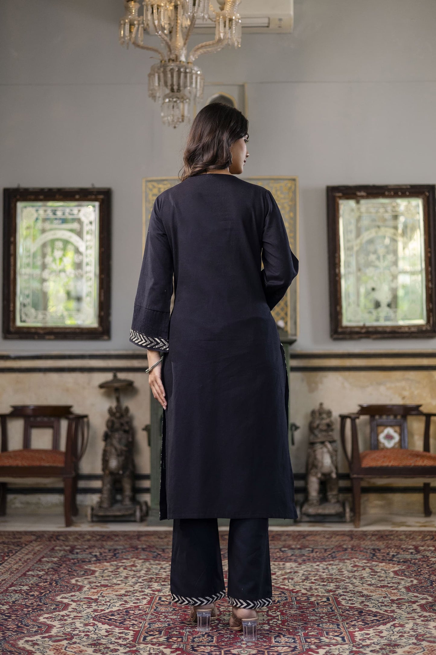 Pure Flex cotton 3 Pc suit With Katha detailing on neck black