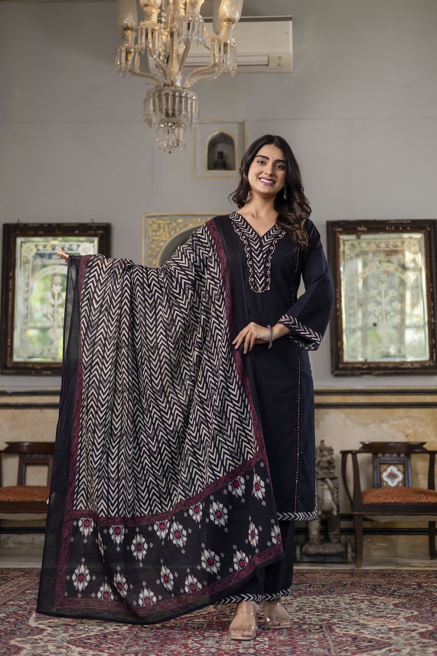 Pure Flex cotton 3 Pc suit With Katha detailing on neck black