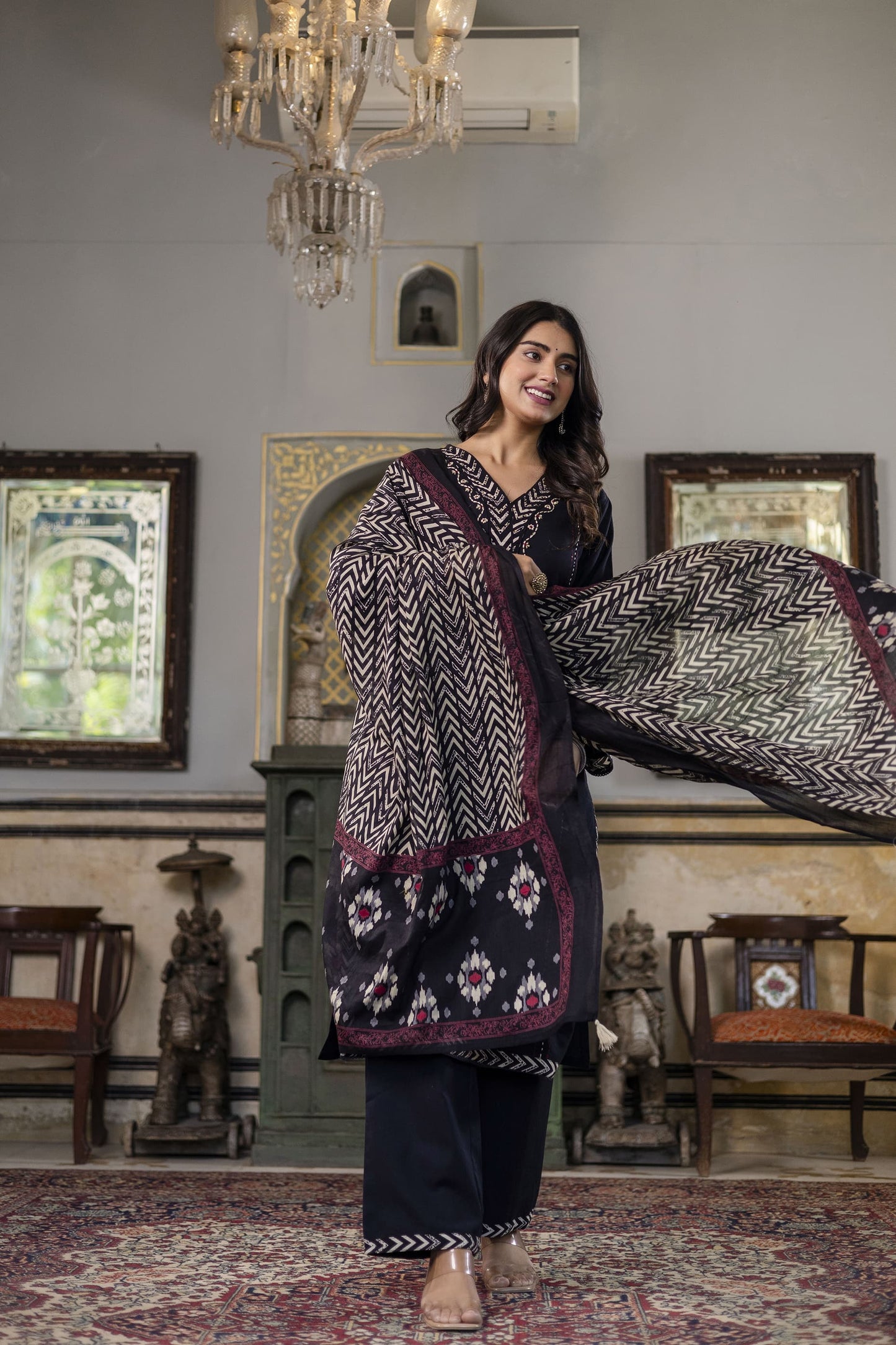 Pure Flex cotton 3 Pc suit With Katha detailing on neck black