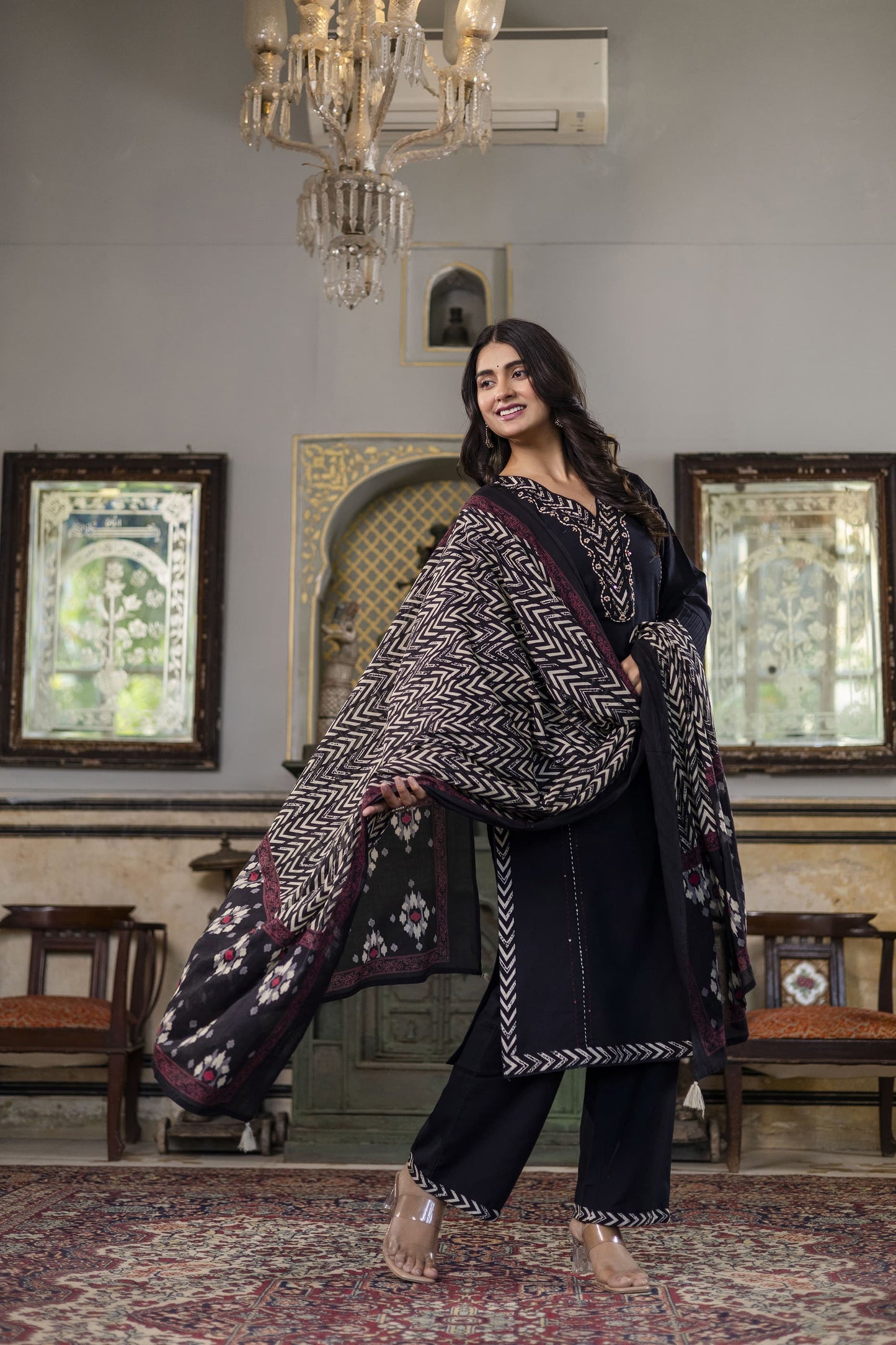 Pure Flex cotton 3 Pc suit With Katha detailing on neck black