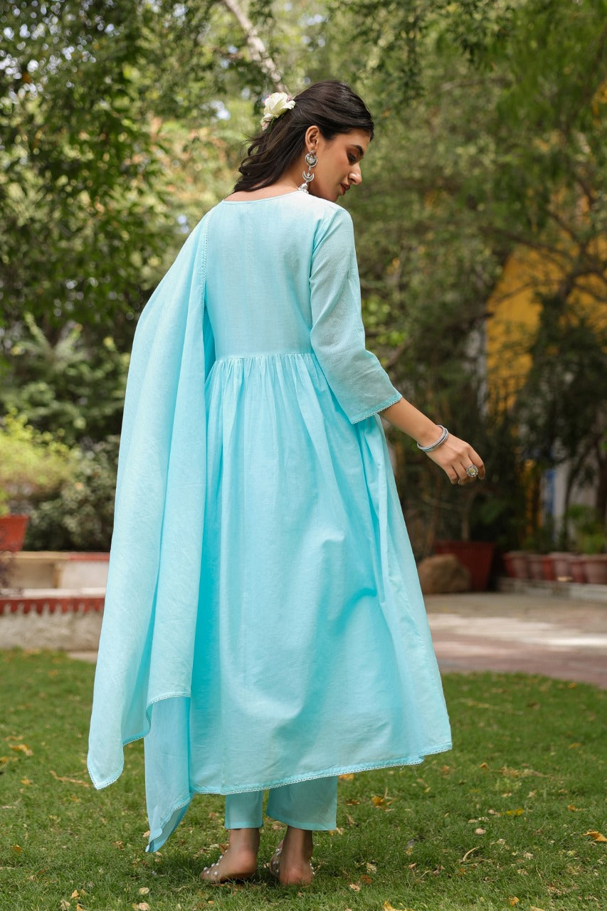 Pure Mull Cotton A- Line 3 pc Suit With Premium Embroidery Work in Pastel or sky blue color
