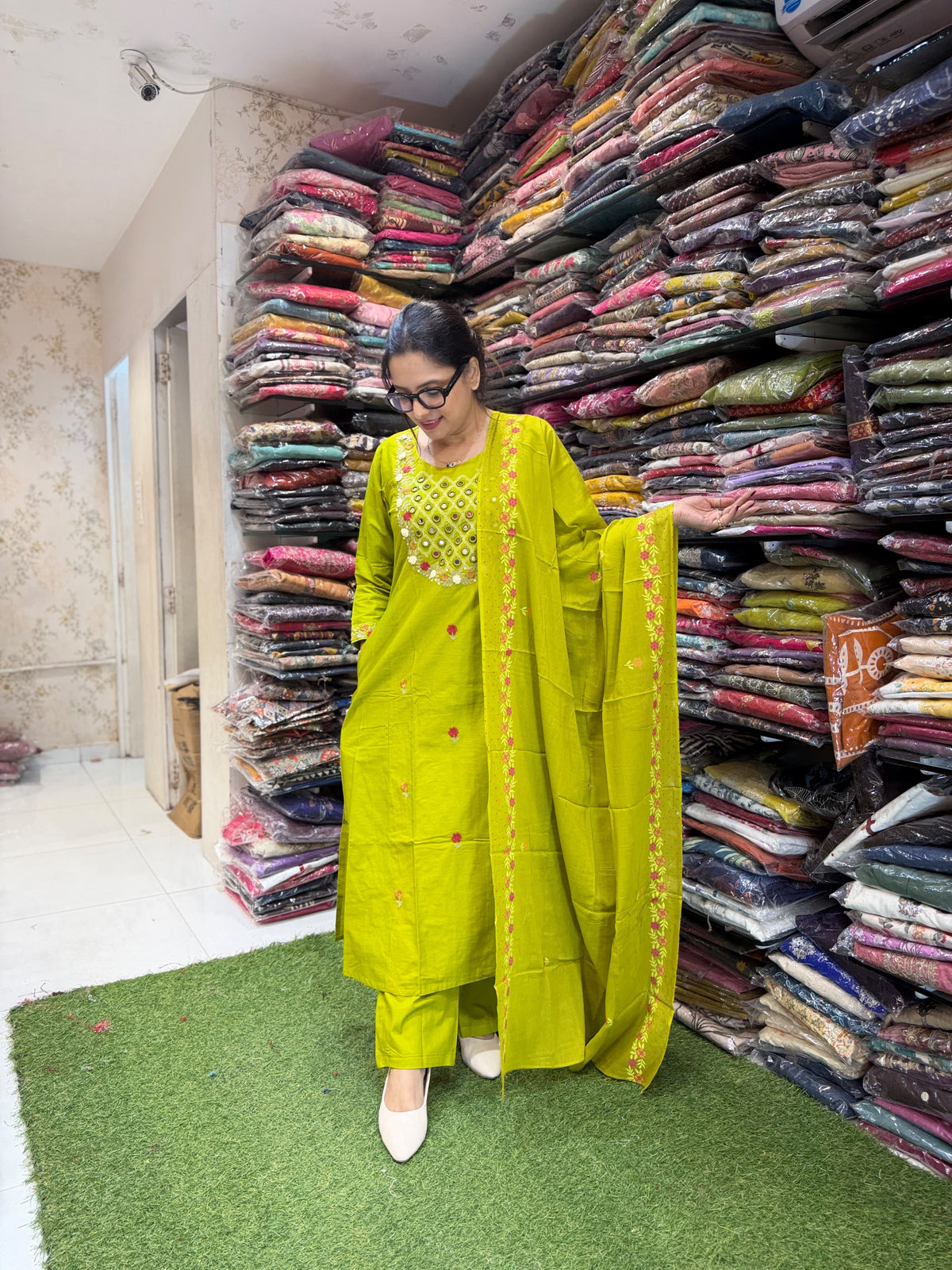 Pure Cotton Thread work A-line Chutney Green