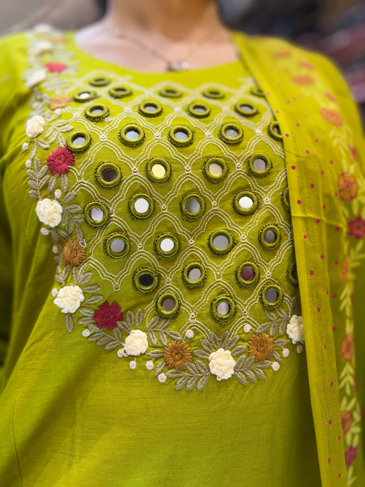 Pure Cotton Thread work A-line Chutney Green
