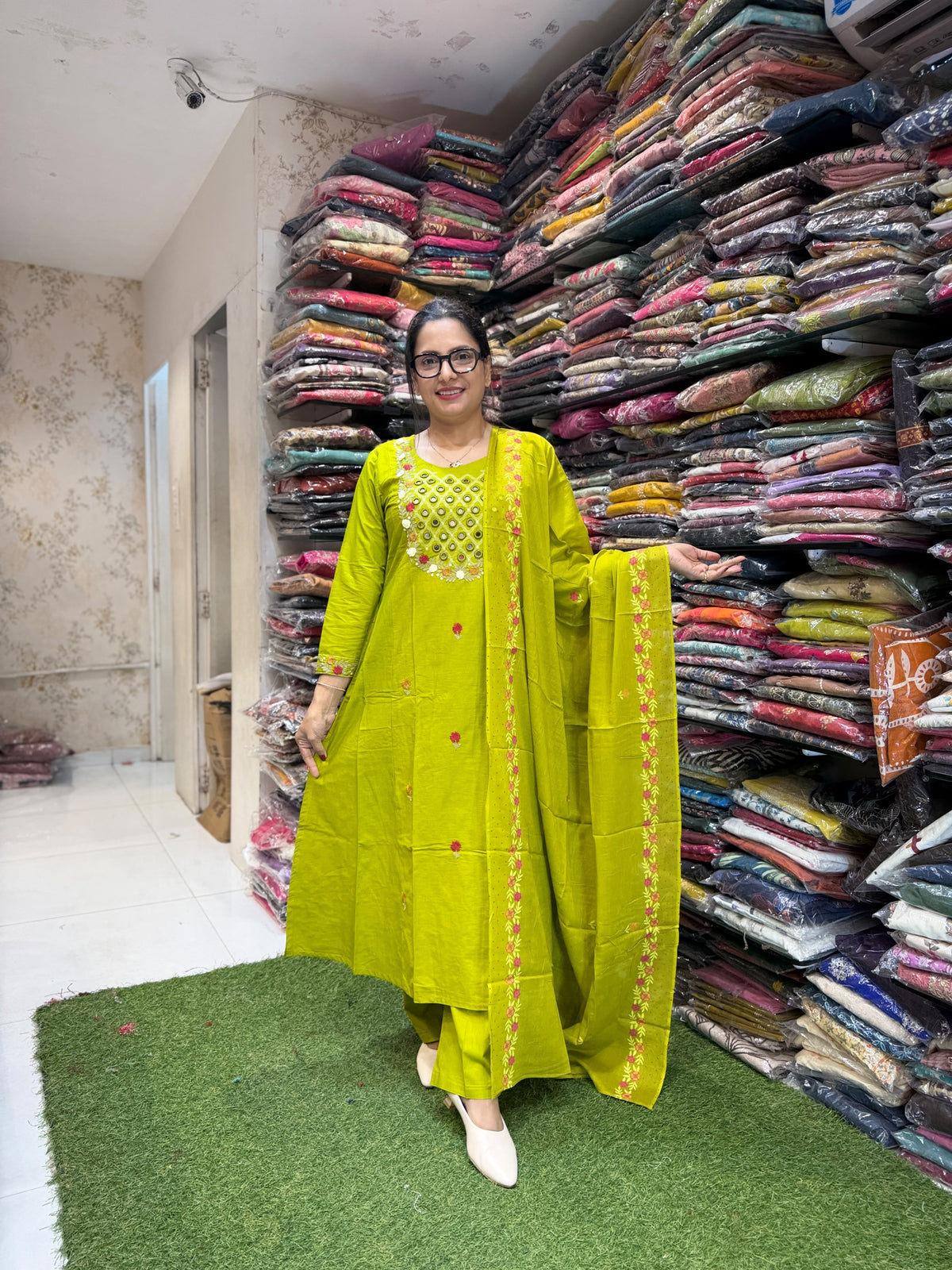 Pure Cotton Thread work A-line Chutney Green