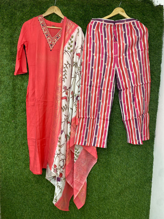 Pure Cotton Floral Print 3pc Set Orange Color