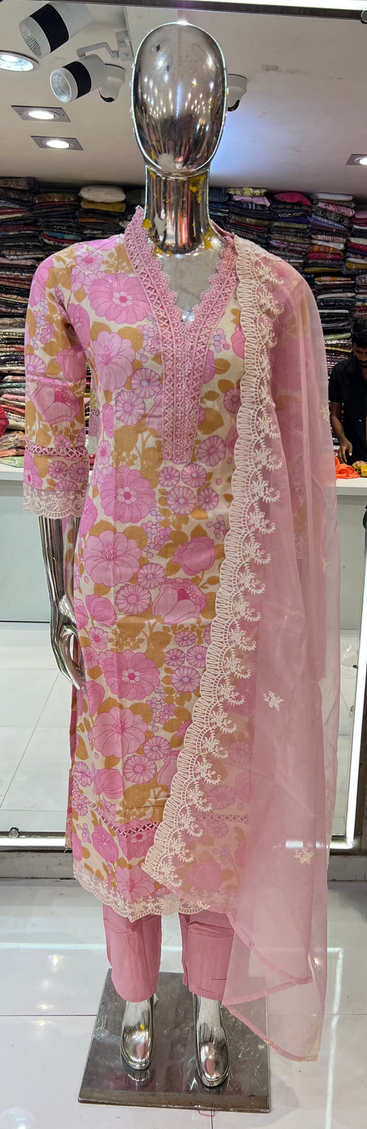 Pure Linen Cotton 3pc Set Lacework Floral Print Baby Pink Color