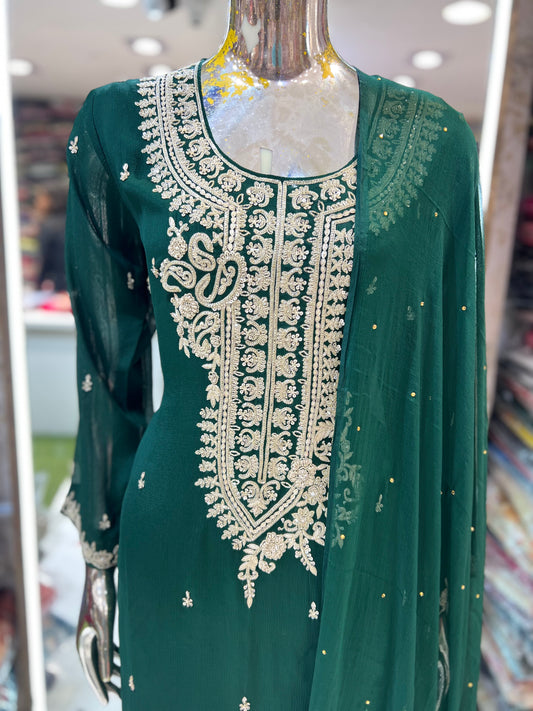 Pure Chinon 3pc Set Party Wear Hand Work Green Color