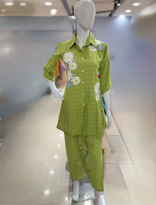 Premium Jaipuri Cotton Schiffli Work cordset Light green Color