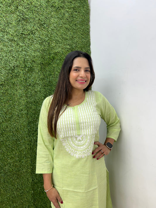 Pure Handloom Cotton cordset with lucknowi thread work -Pista green color