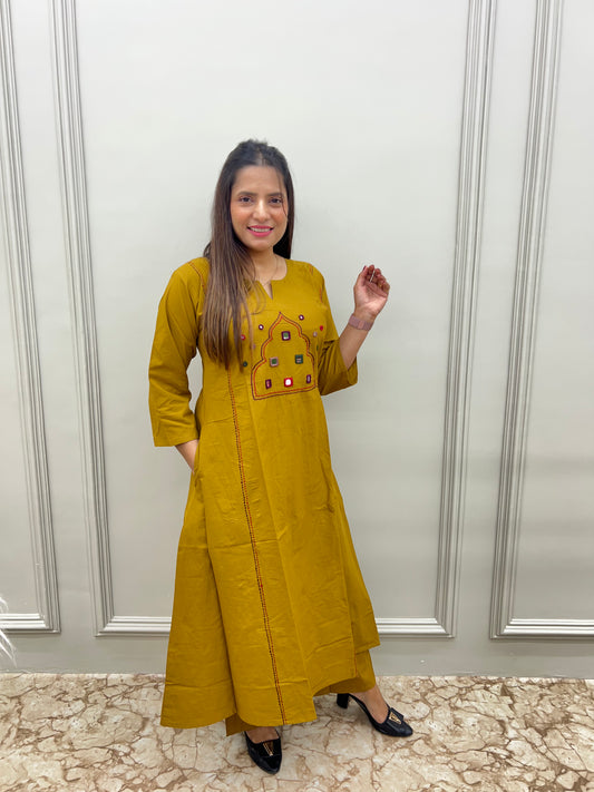 PREMIUM COMFORTABLE SLUV COTTON GAMTHI WORK PLAZZO 2 PC SET- Purple & Mustard color