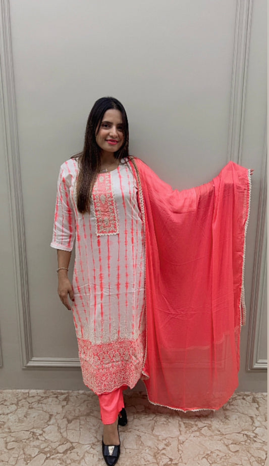 PREMIUM MUSLIN SHIBORI TYE DYE 3 PC SET- NEON PINK COLOR