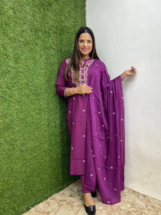Pure Jaipuri Cotton3 Pc Suit With Lucknowi Thread Embroidery Work