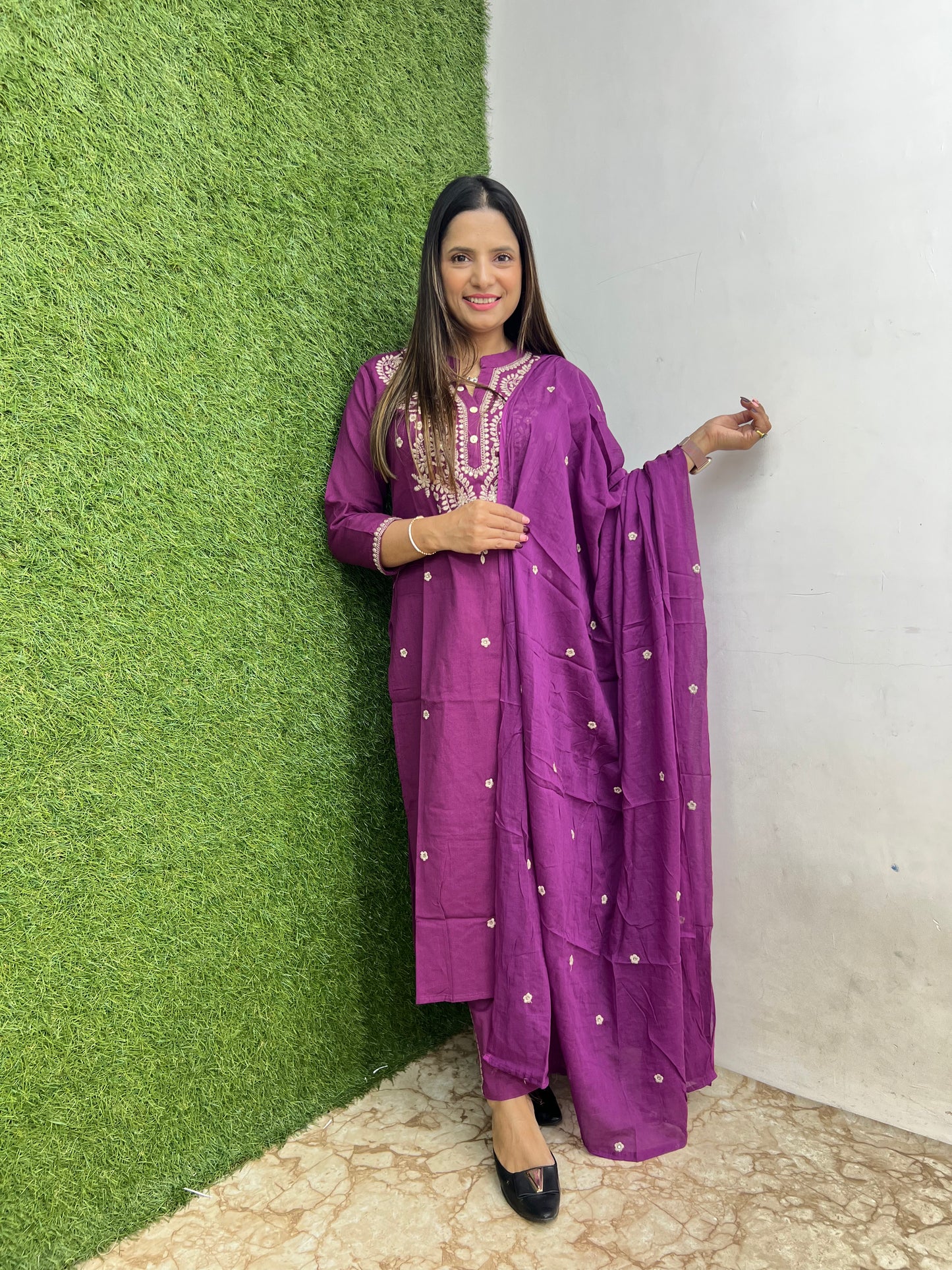 Pure Jaipuri Cotton3 Pc Suit With Lucknowi Thread Embroidery Work purple Color