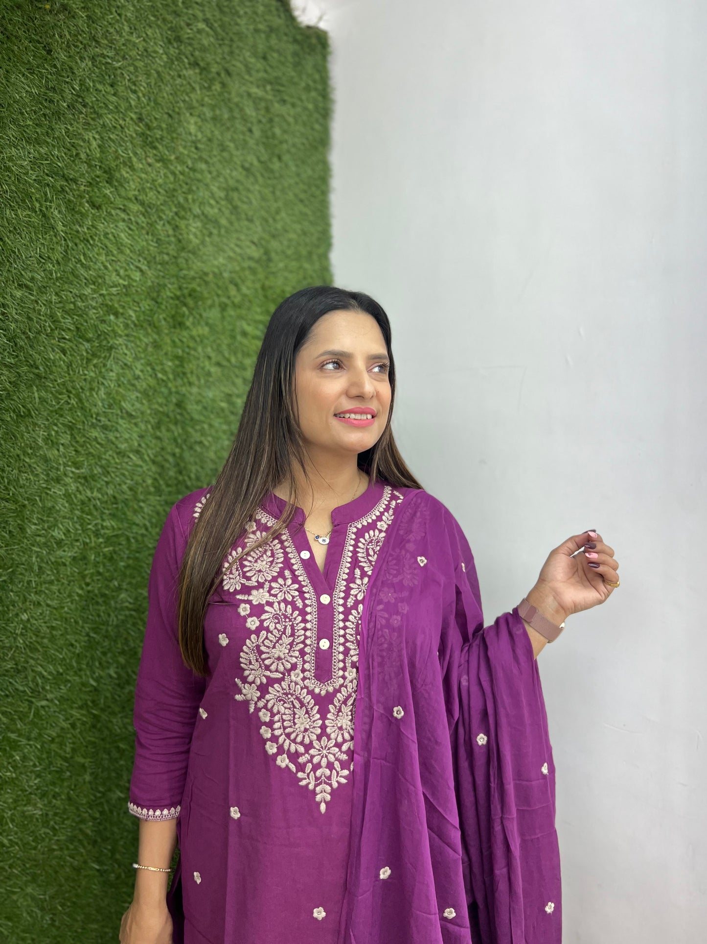 Pure Jaipuri Cotton3 Pc Suit With Lucknowi Thread Embroidery Work purple Color