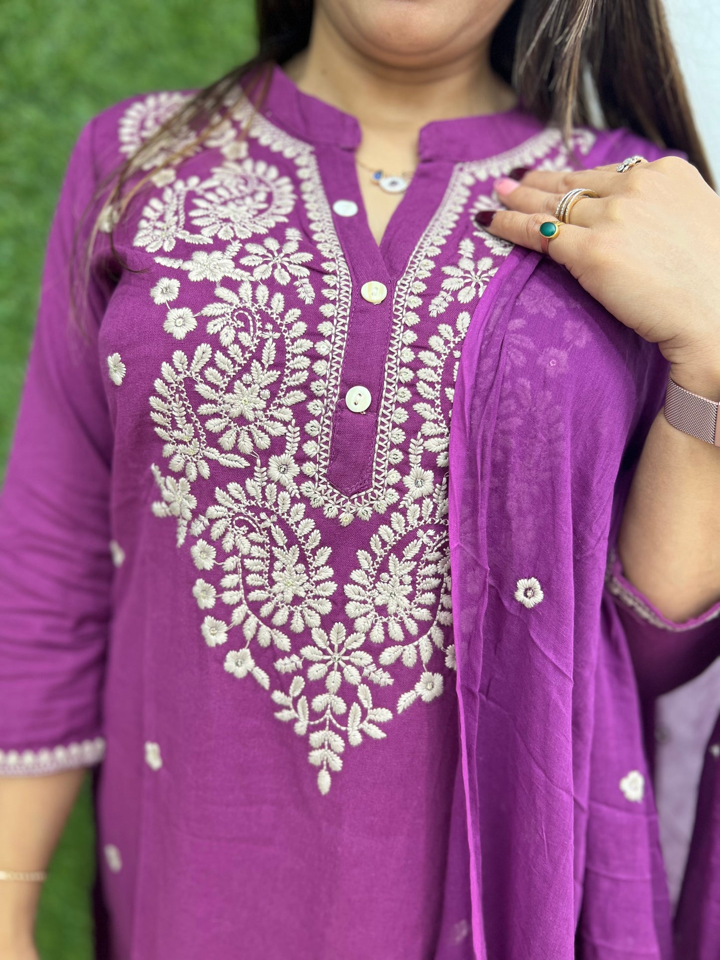 Pure Jaipuri Cotton3 Pc Suit With Lucknowi Thread Embroidery Work purple Color