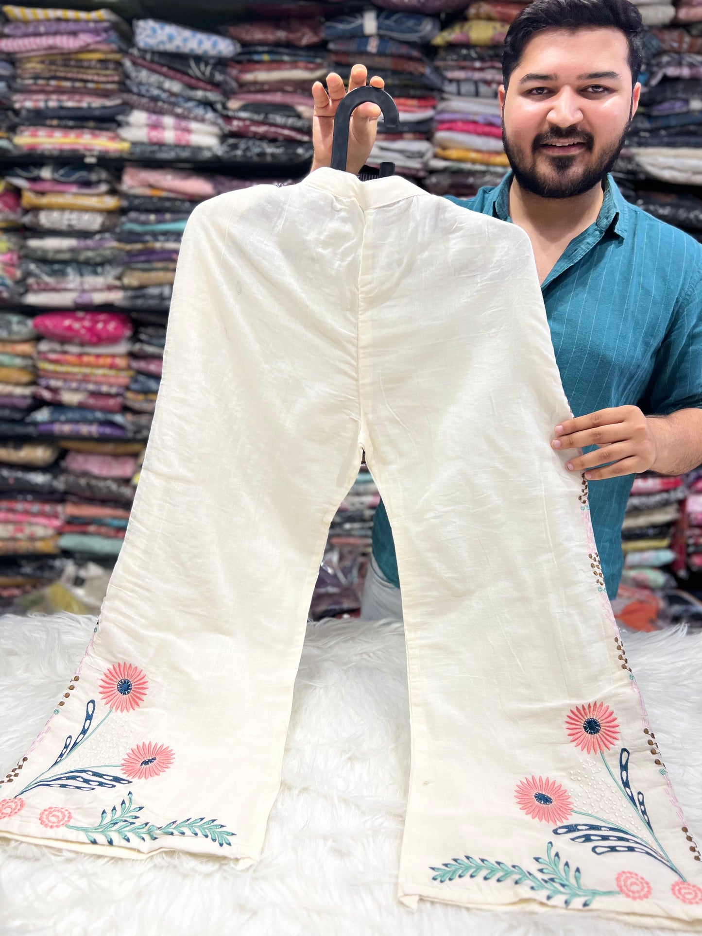 Pure Kora Cotton Palazzo Coordset With Thread Embroidery-OFF WHITE