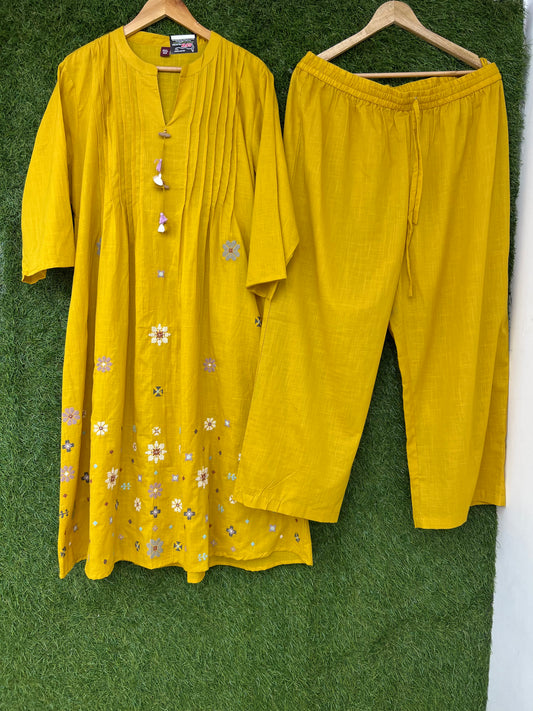 Big Size Premium Mull Cotton A Line Cordset With Pintex Design & Floral Prints Yellow Color