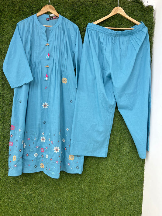 Big Size Premium Mull Cotton A Line Cordset With Pintex Design & Floral Prints Sky Blue Color