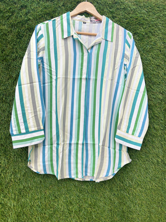 Pure Cotton Fabric Satin Stripe Shirt With Blue Line