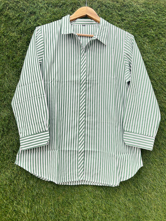 Stripes Pure Linen Shirt With Green Line