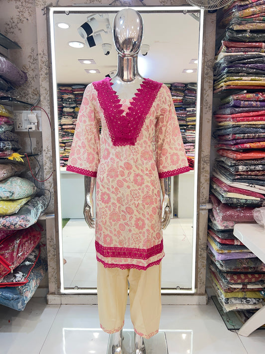 Premium Jaipuri Cotton 3 pc suit in Croatio lace border Work