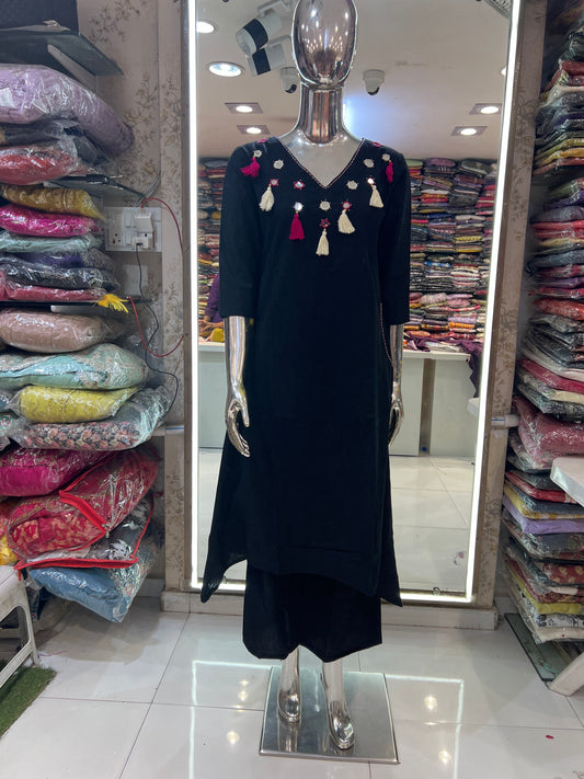 Premium Flex Cotton A Line Coordset With Abhala Mirror Work  Black Color