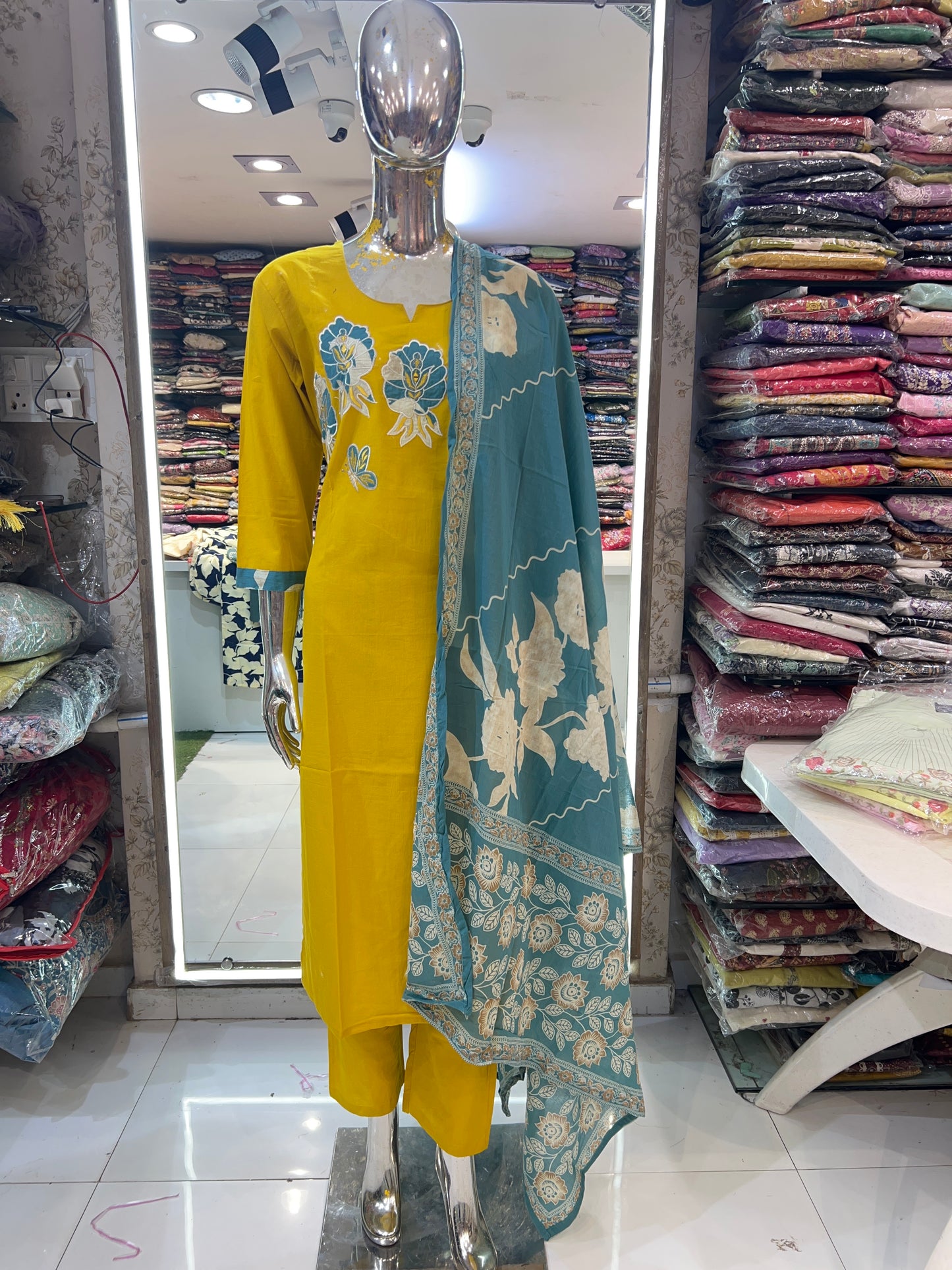 Pure cotton 3 pc Suit With applique Work Yellow Color