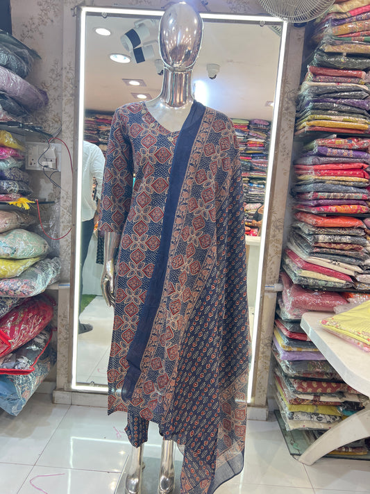 Premium Jaipuri Cotton Kalamkari Print 3 Pc Suit With Pearl Work