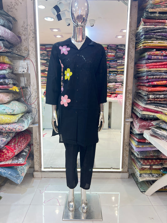Pure Mull Cotton Coordset With Thread Sequence Detailing Black Color