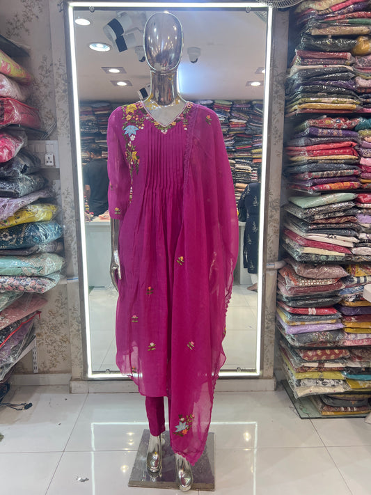 Pure Banarasi Mull Chanderi Will Kolkata Handwork A-line 3 pc Suit Pink Color