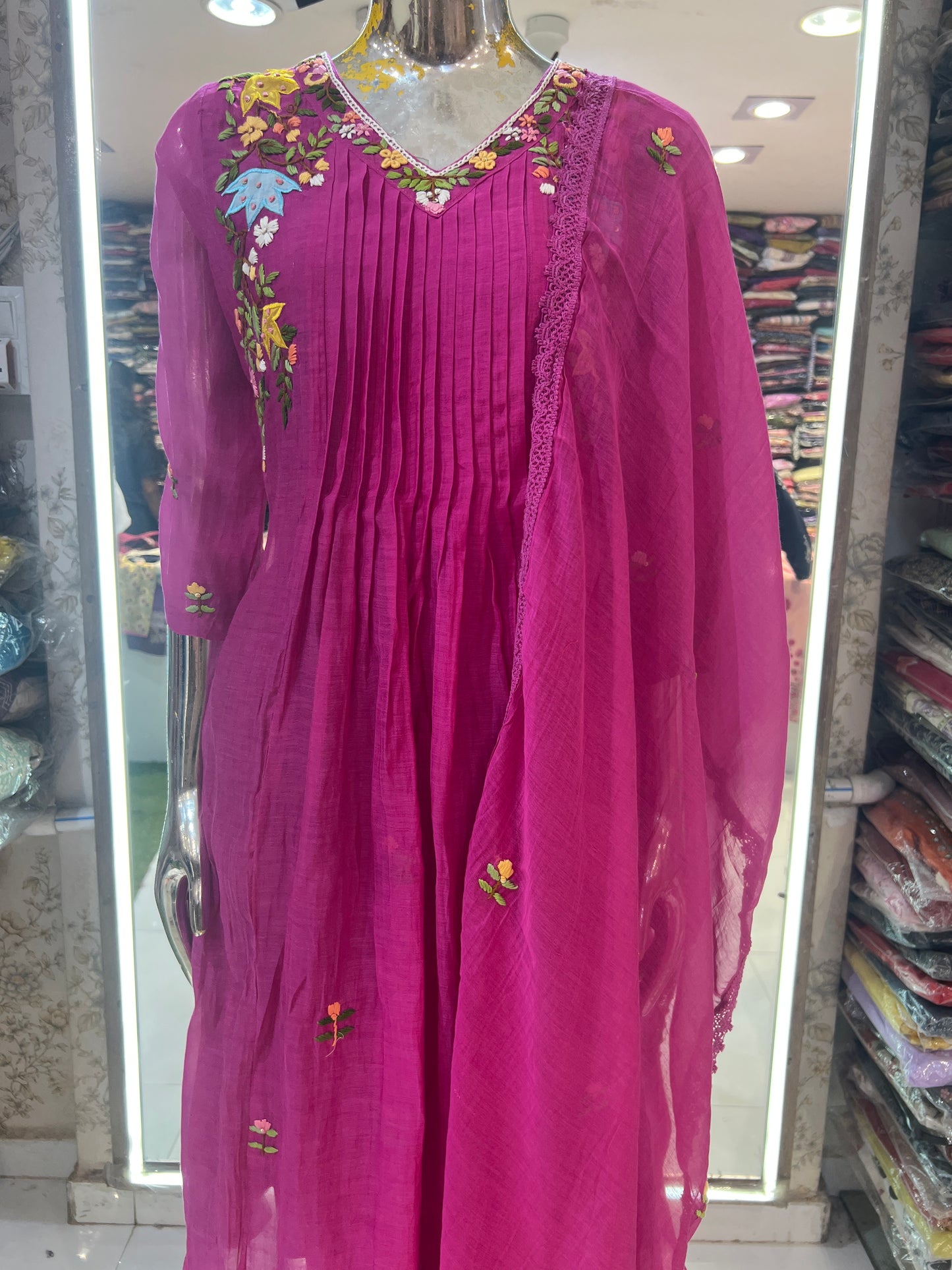 Pure Banarasi Mull Chanderi Will Kolkata Handwork A-line 3 pc Suit Pink Color