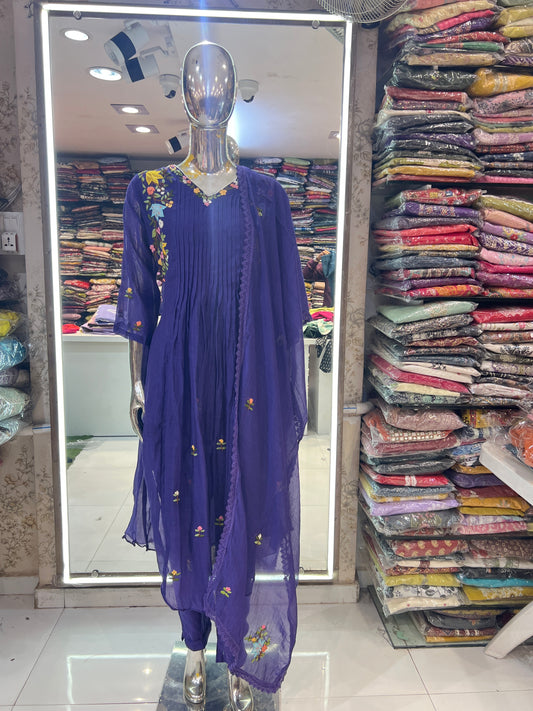 Pure Banarasi Mull Chanderi Will Kolkata Handwork A-line 3 pc Suit Dark Blue Color