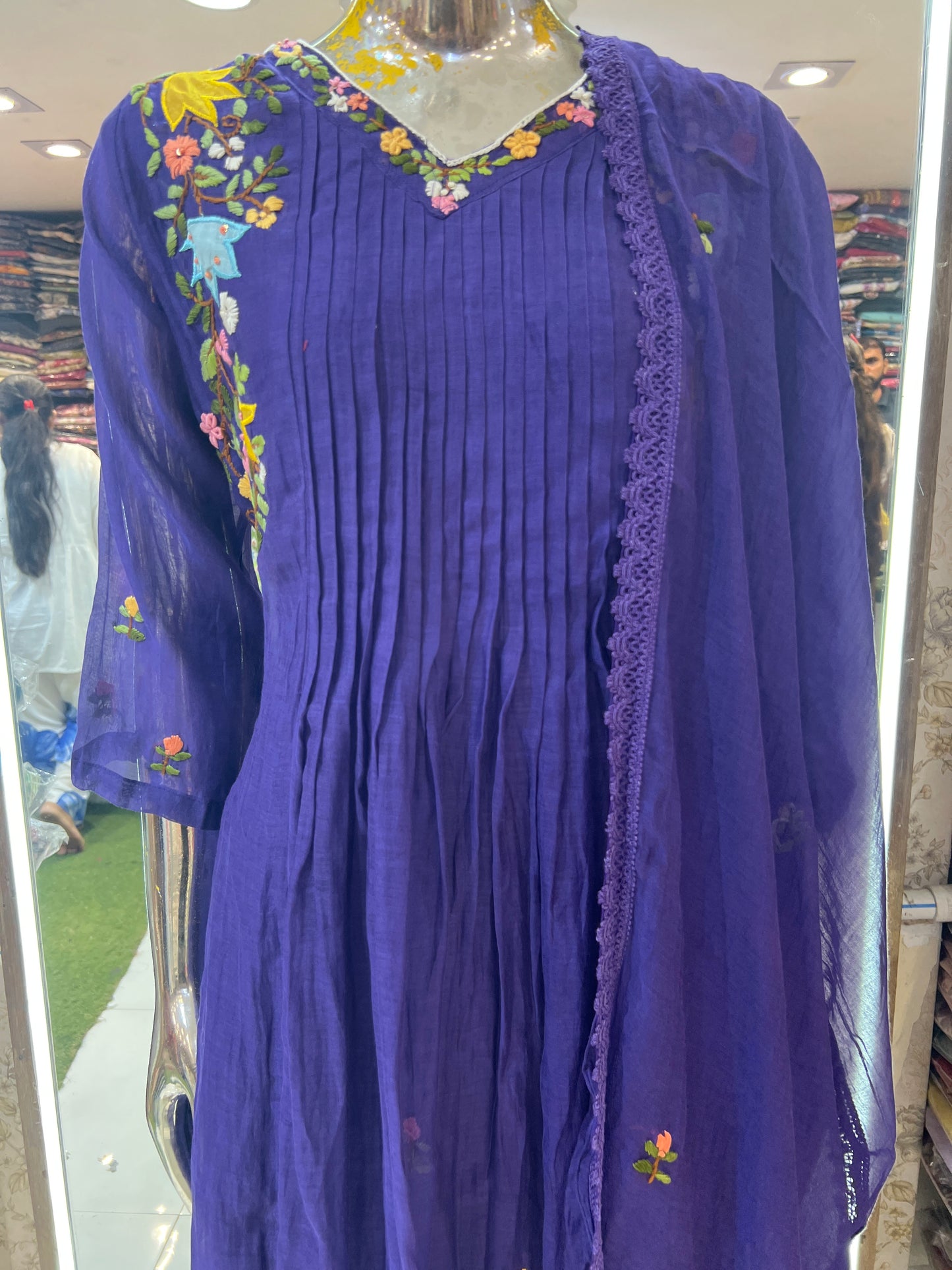 Pure Banarasi Mull Chanderi Will Kolkata Handwork A-line 3 pc Suit Dark Blue Color